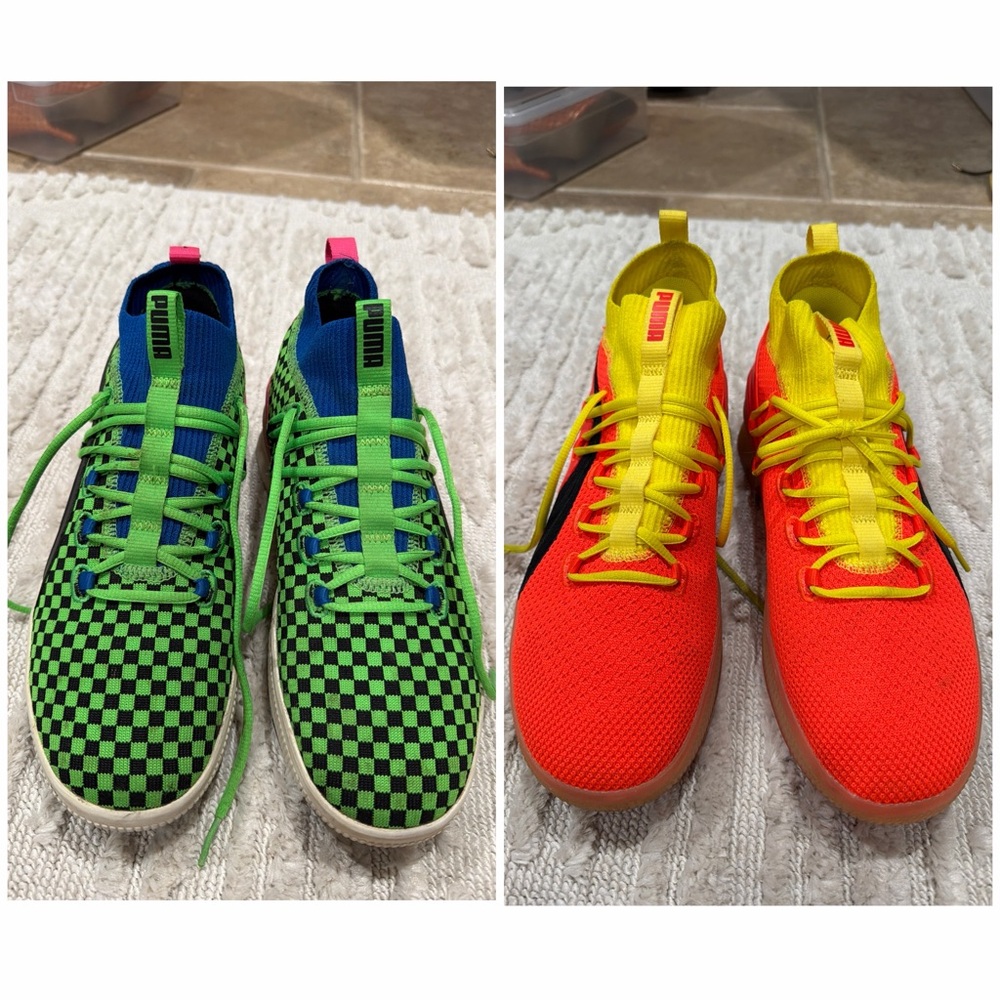 BUNDLE Puma Mens Neon Green Checker & Bright Orange Athletic Sneakers